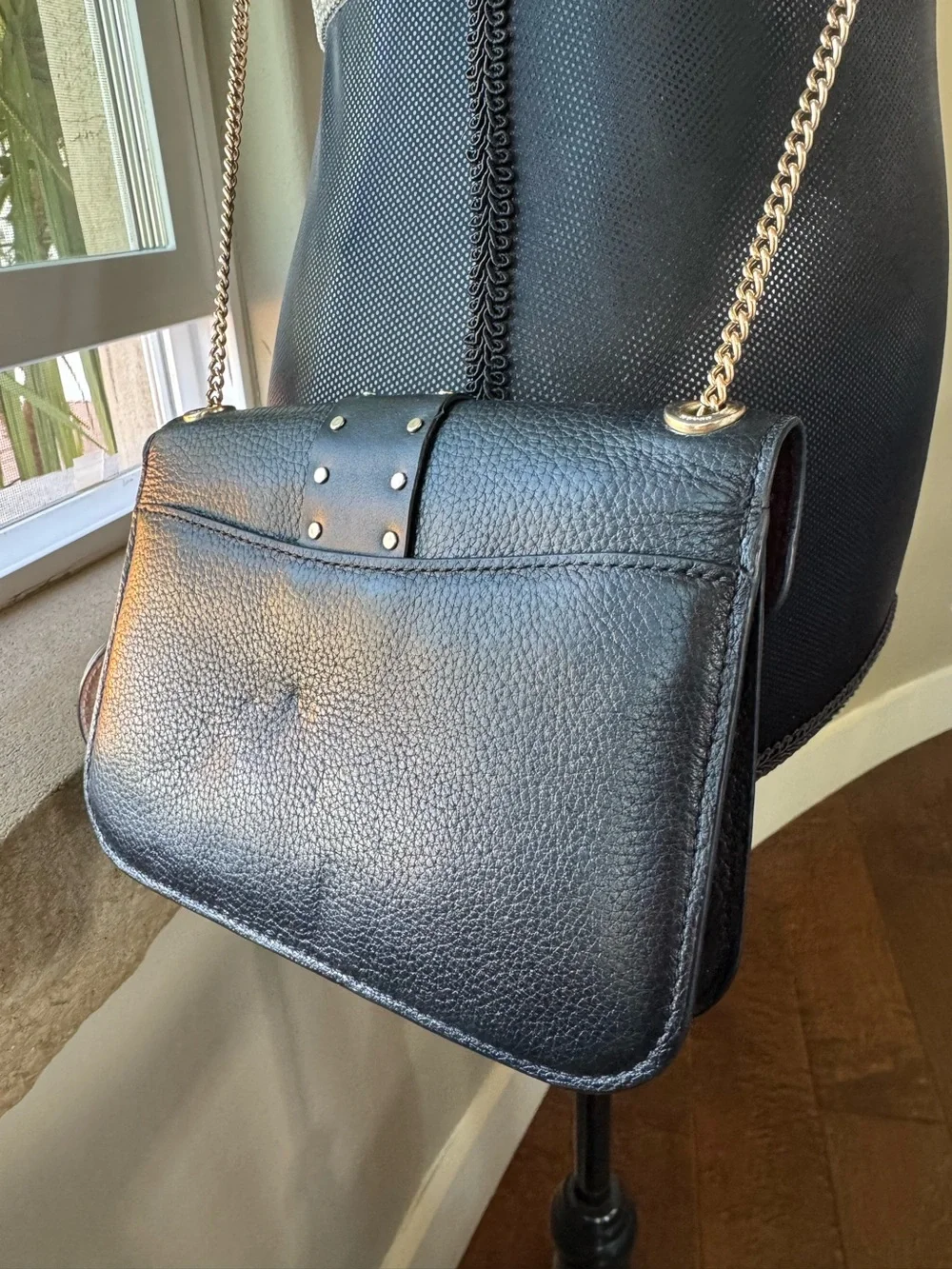 Coach Georgie Crossbody/Xbody Black Pebble/Leather Bag Purse With Rivets